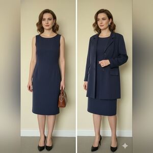 Jessica Vintage Navy 2-Piece Shift Dress & Padded Shoulder Long Blazer Set 14